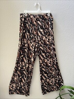 Zara Wide Leg Pants in Black, Brown & Cream Print XL
